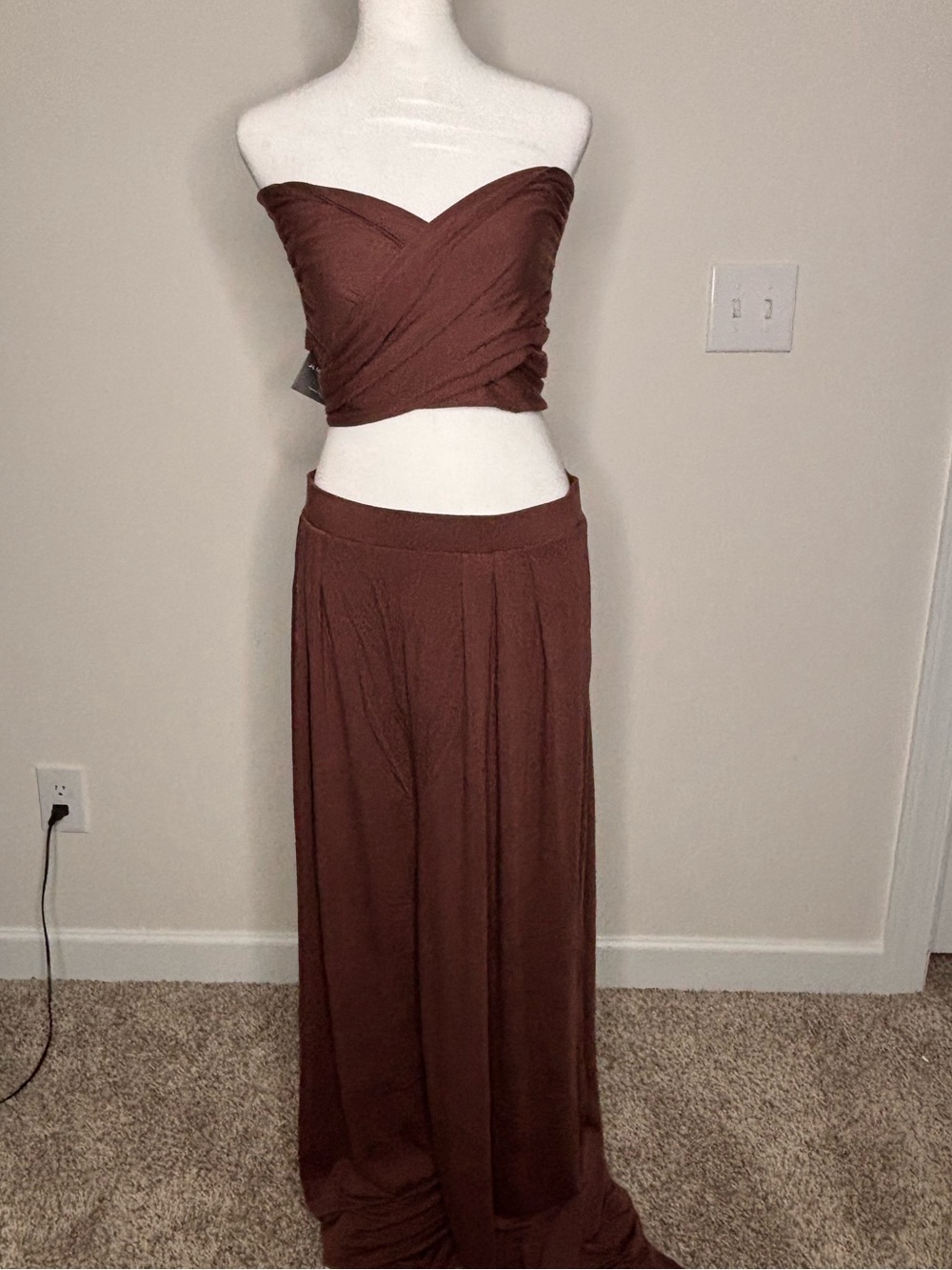 JLUXLABEL Brown Wide Leg Strapless Jumpsuit Set